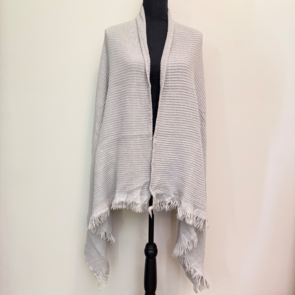 House No 23 Ella Waffle Knit Towel Shawl Wrap Fringe Trim Open Front Travel Gray